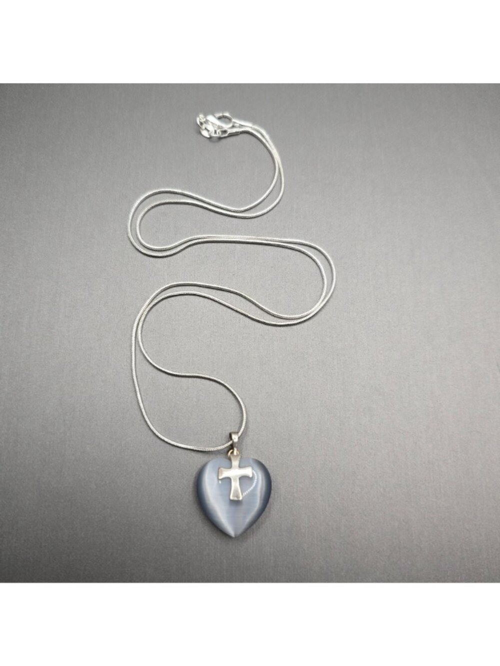 Sterling Silver Cats Eye Quartz Heart Cross Pendant Necklace 24" Snake Chain - Picture 6 of 9